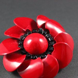 Red Black Flower Brooch Vintage Painted Enamel Metal Dimensional Round Pin Fun